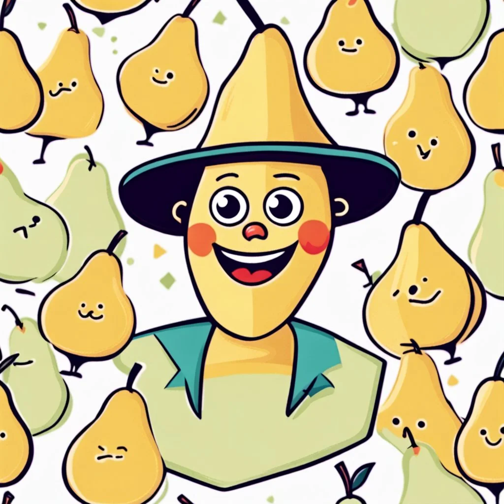 A pear in the shape of a funny, laughing cartoon character dressed as a young man, an equilateral square character