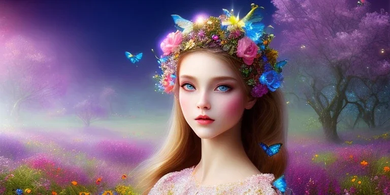 bright fairy, beautiful portrait, flowery landscape