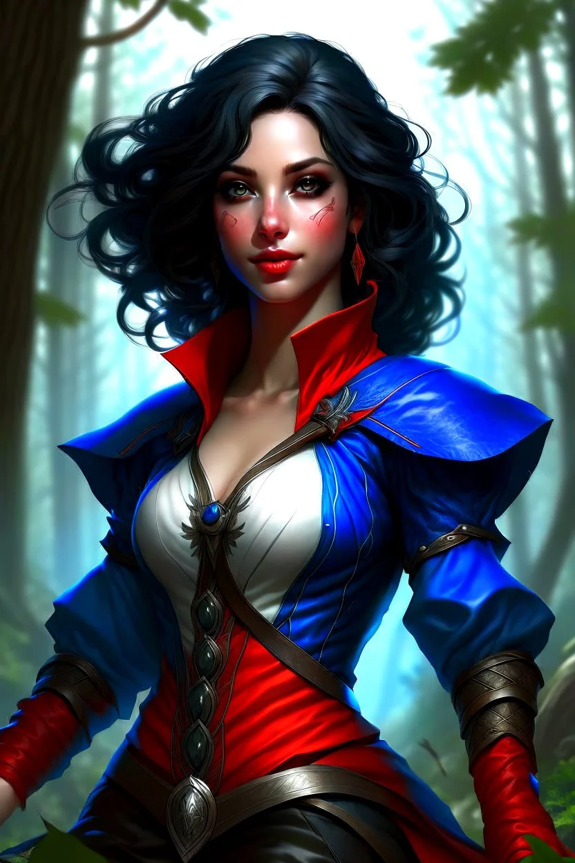 create an adult female air genasi from dungeons and dragons, black medium hair, light blue eyes, blue skin, wavy hair, wearing red leather clothing, full body, digital painting, high resolution, forest background, a bit zoomed out