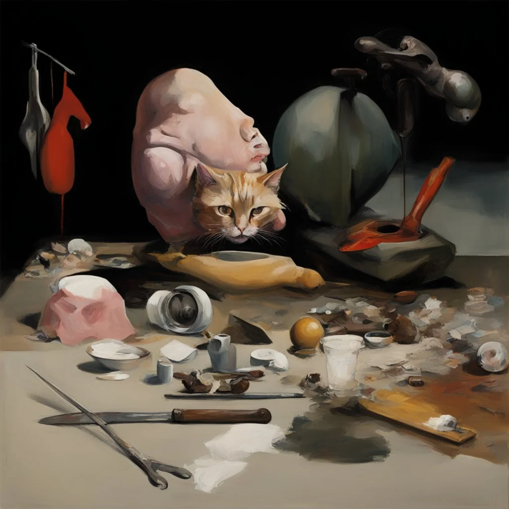 UN conference,a cat and human flesh-like surgical instruments and universe-like a pigeon and neuralink, surrealism,minimalism,Painting By Adrian Ghenie, Rene Magritte, Salvador Dali, Lucian Freud