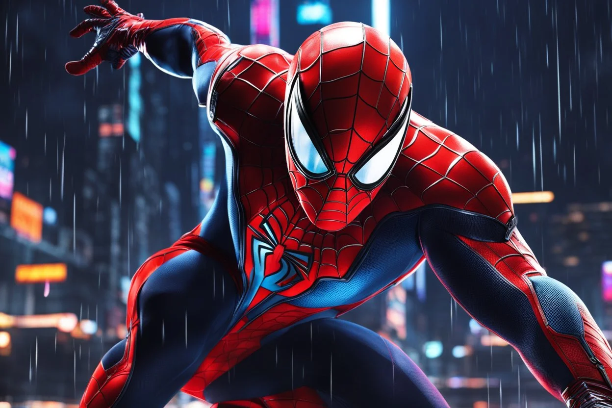 White Spider man in 8k solo leveling shadow artstyle, Arabic colors costum them, mask, close picture, rain, neon lights, intricate details, highly detailed, high details, detailed portrait, masterpiece,ultra detailed, ultra quality