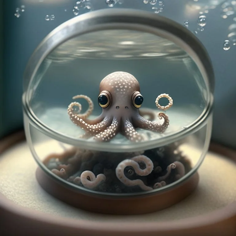 A cute little oktopus in a small circular fish tank.