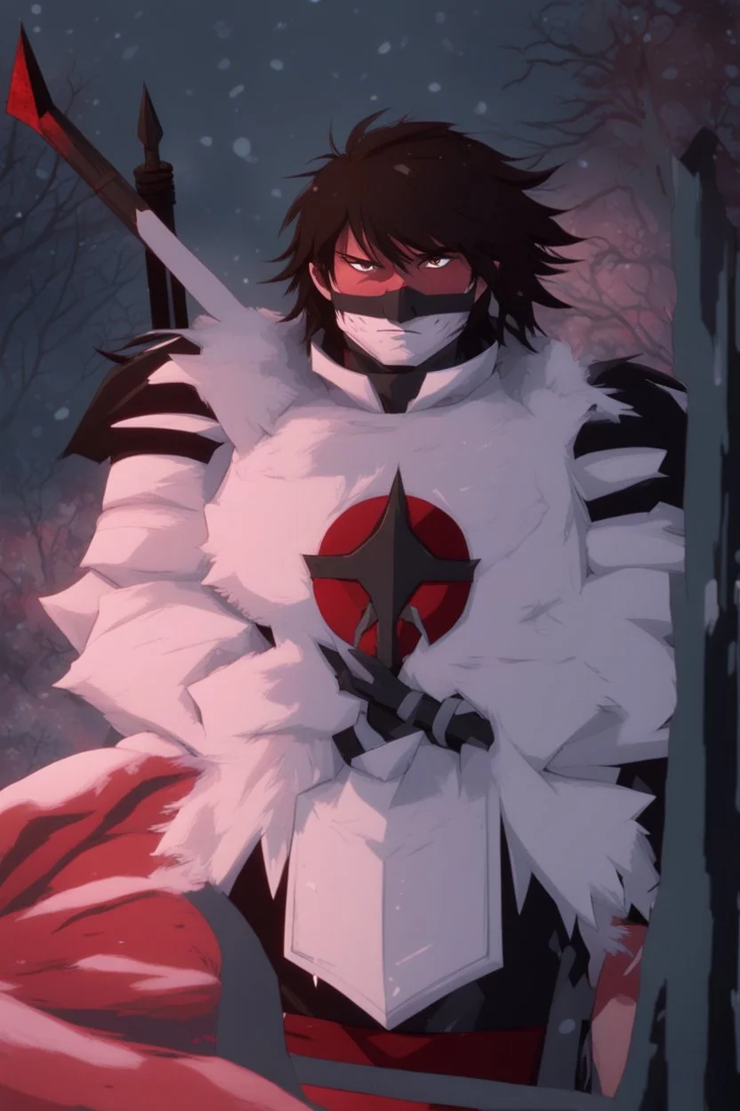 The character, in a striking white armour against a wintry backdrop stands with his arms behind his back inside the scene, he has a red and black circular symbol on his chest like a shield, a black pointed spear with a red handle on his back, His eyes are showing a dynamic expression and he wears a black oni with white sharp teeth on it covering the bottom part of his mouth he has brown shoulder pads and a white belt with a bag attached to it. He has dark brown hair, he does not wear a helmet.