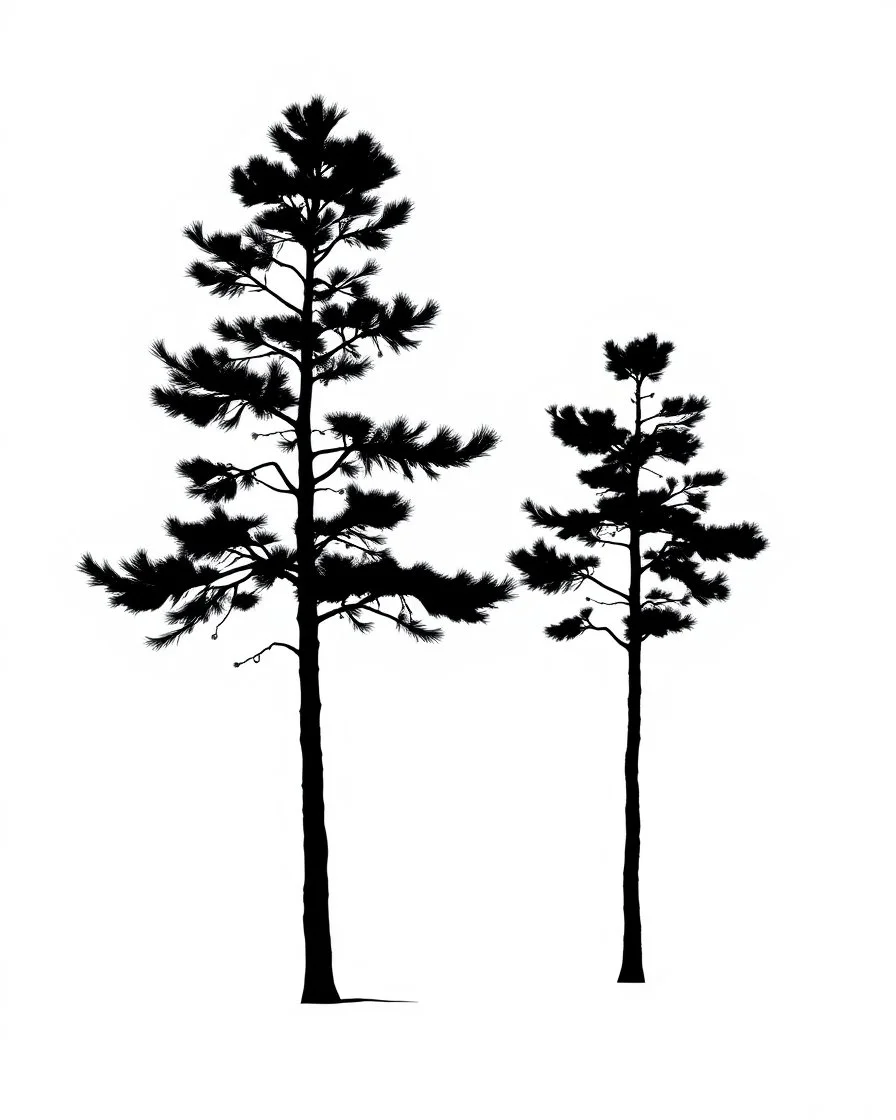 2 isolated spruce/pine tree silhouette with ground shadow, stylized black on white clipart
