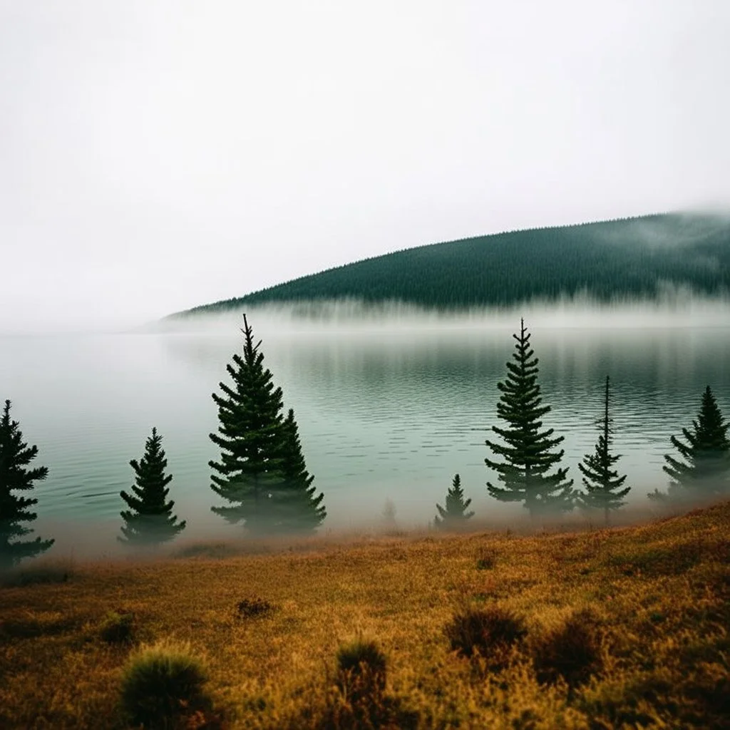 A polaroid photo of a group of fir trees in the background and a high hill in the distance. A lake. The surface below is in a pastel color. Fog is present.