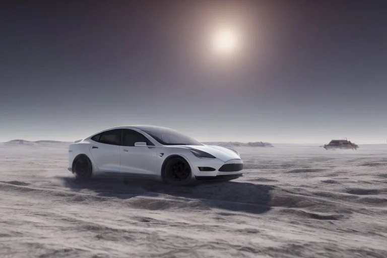 A Tesla 'Model Y' is drifting at top speed, on the planet 'Hoth'. CINEMATIC. WIDE ANGLE LENS. PHOTO REAL.