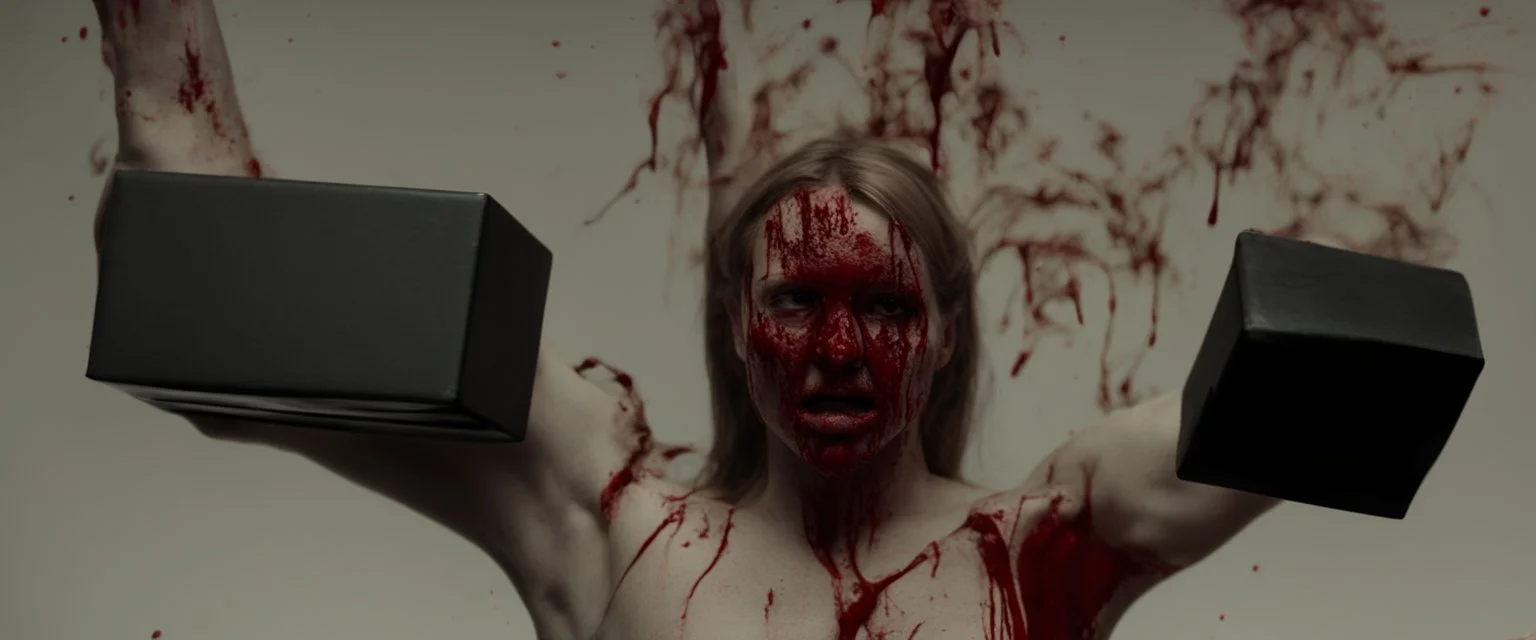 a faceless woman covered in blood holding up an empty black box