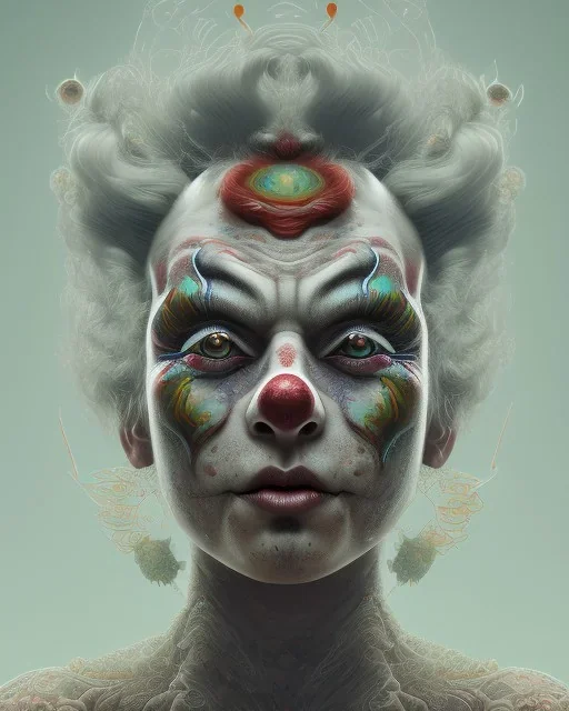 head and shoulders portrait of a clown, face paint, jester hat, sad expression, Takato Yamamoto artist, Akiya Kageichi artist, Jedediah Berry inspired, 8k resolution concept art portrait, dynamic lighting, hyperdetailed, intricately detailed, maximalist, beautiful, peaceful