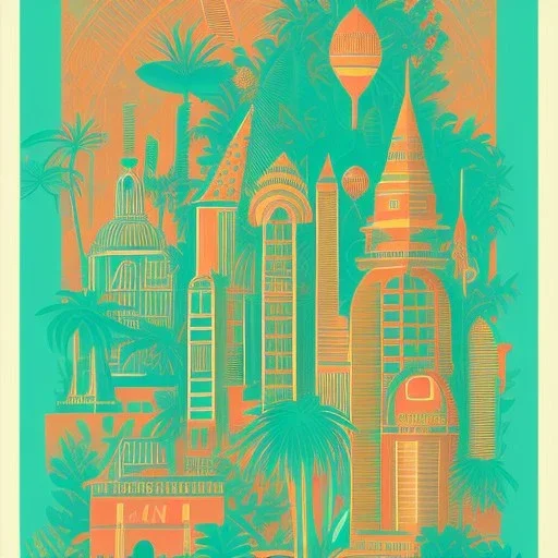 tropical city, latino, plants, streets, risograph poster, flat design, 2 colors