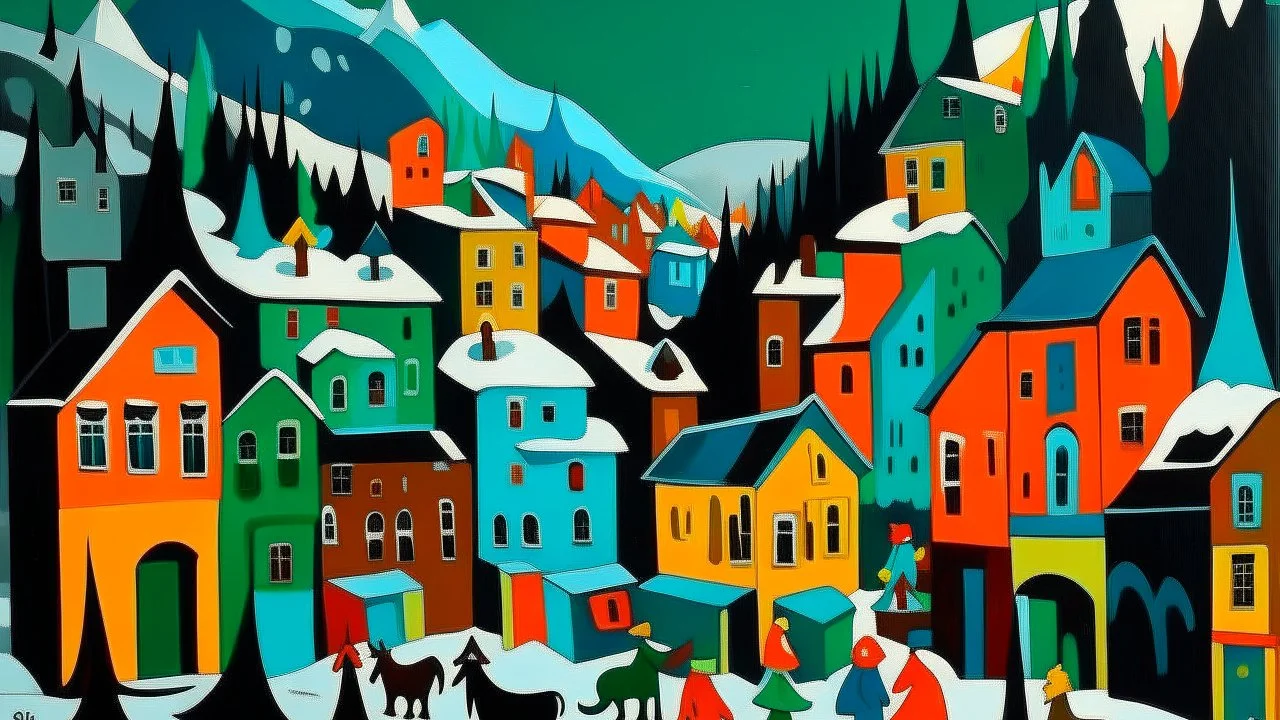 A town near a glacier filled with shadow monsters painted by Stuart Davis