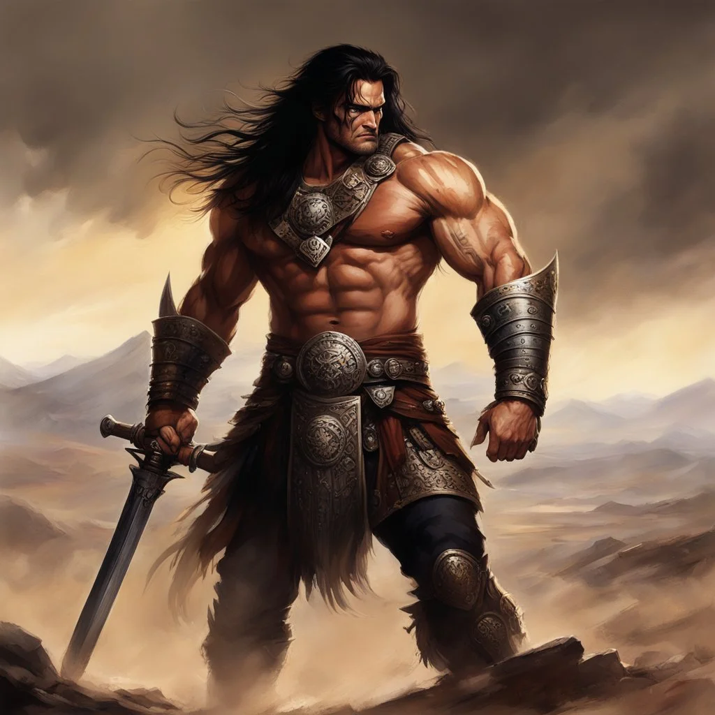 In the desolate steppe, Conan stands tall, Fierce eyes blazing, his grip tight on a warhammer's thrall. His hair wild, the wind whipping through, A warrior's gaze, piercing and true. Muscles honed by battles fought, Scars etched on his face, lessons hard-wrought. Warhammer gleaming, a weapon of might, Conan embodies strength, a force to ignite. Defiance and resilience in his every stance, A symbol of justice, ready to advance. With untamed power and unwavering will, Conan's legend grows, his des