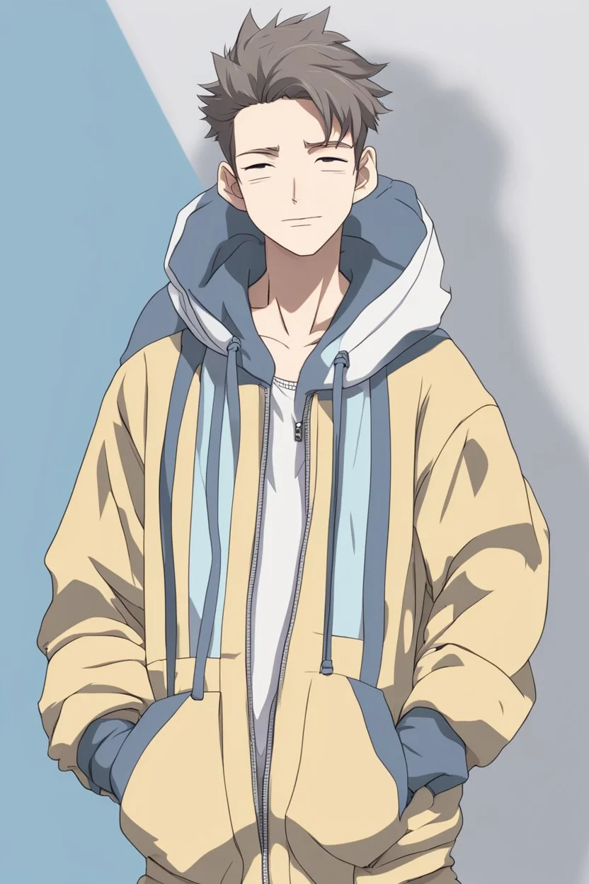 Anime man wearing a hoodie with a slight smile