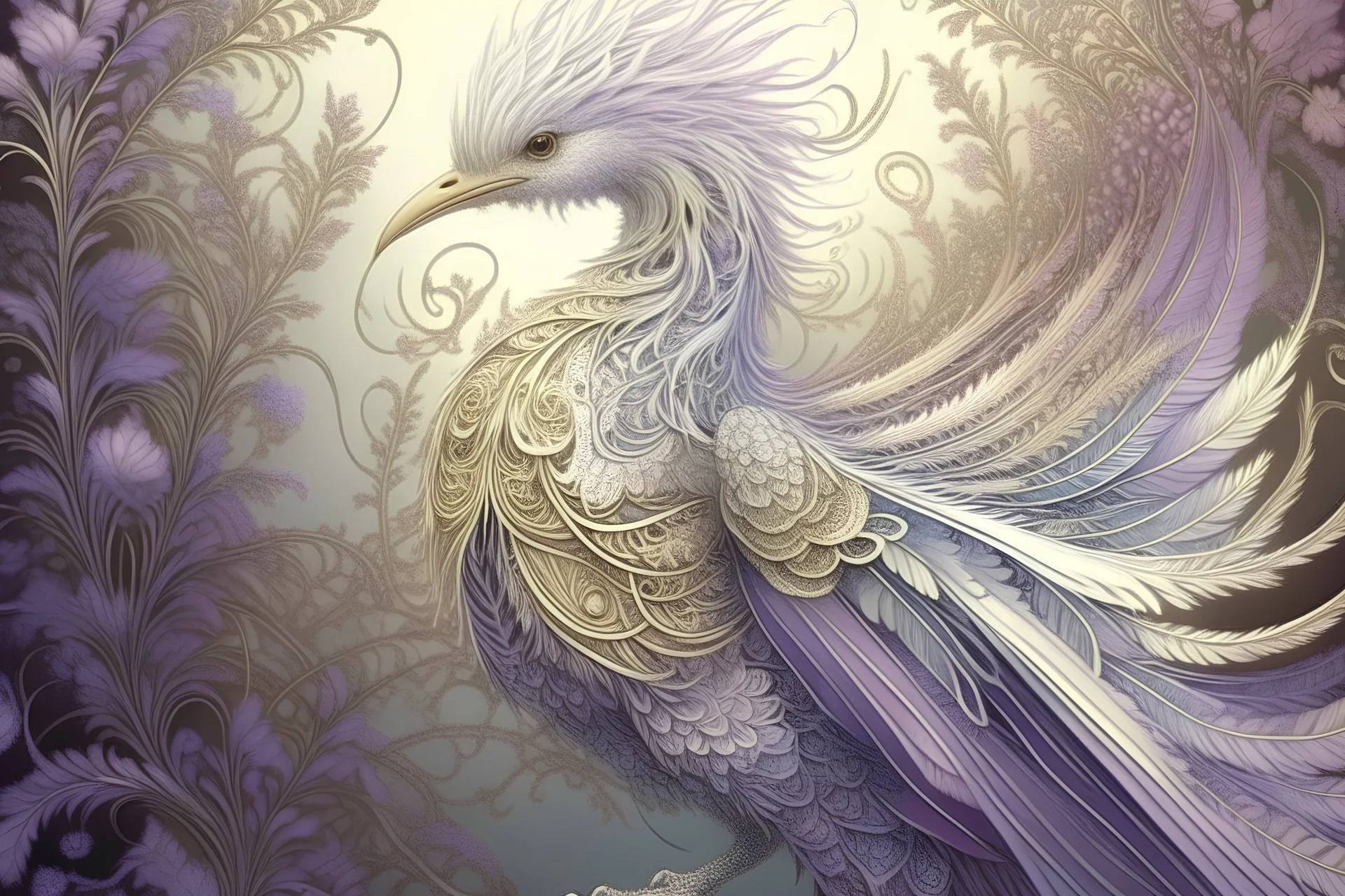 an extraordinarily beautiful fantasy bird with a long fluffy curly, lacy tail and a gently lilac crest, sits on a spruce branch, looks random, all shades of satin from white to purple tones shimmer, soft lighting, fractal animation art, art botanic, filigree, fine drawing of small details in gold ink, grunge, watercolor, sunny rear light, 64k