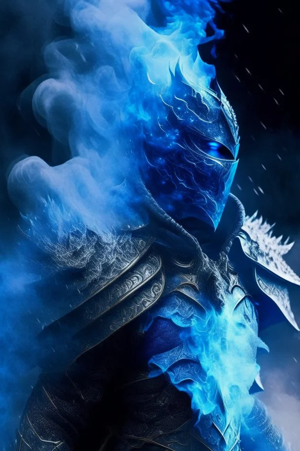 blue smoke in a shape of humanoid and a colour of a storm wearing a scalemail armor