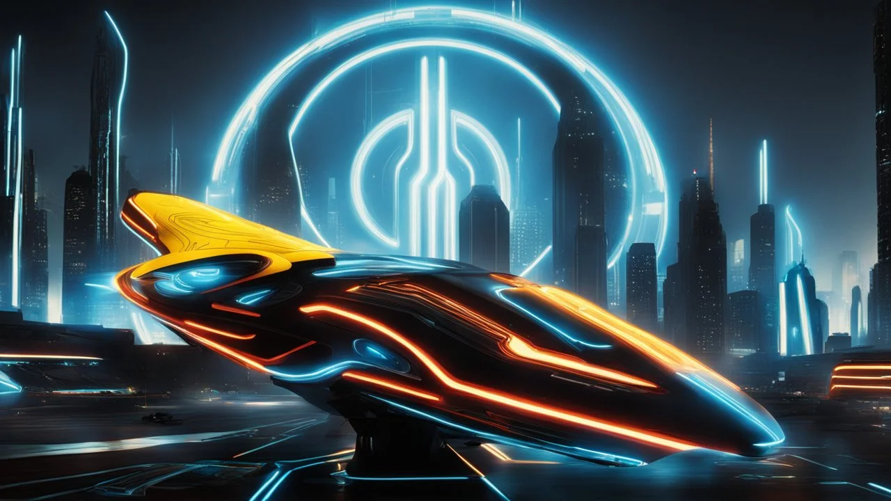 tron legacy movie, creatures,, space ships, city of the future, yellow, blue, red