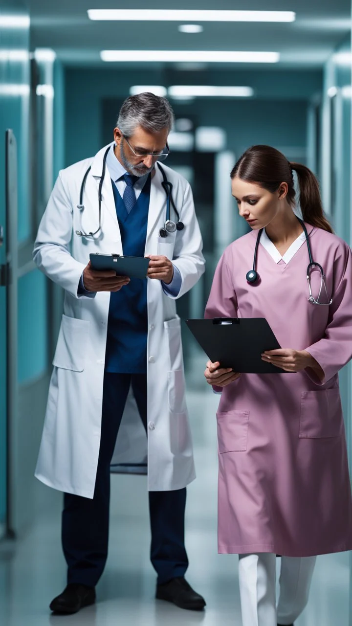 photorealistic hyperdetailed portait of a doctor and a nurse looking at a clipboard in a hospital