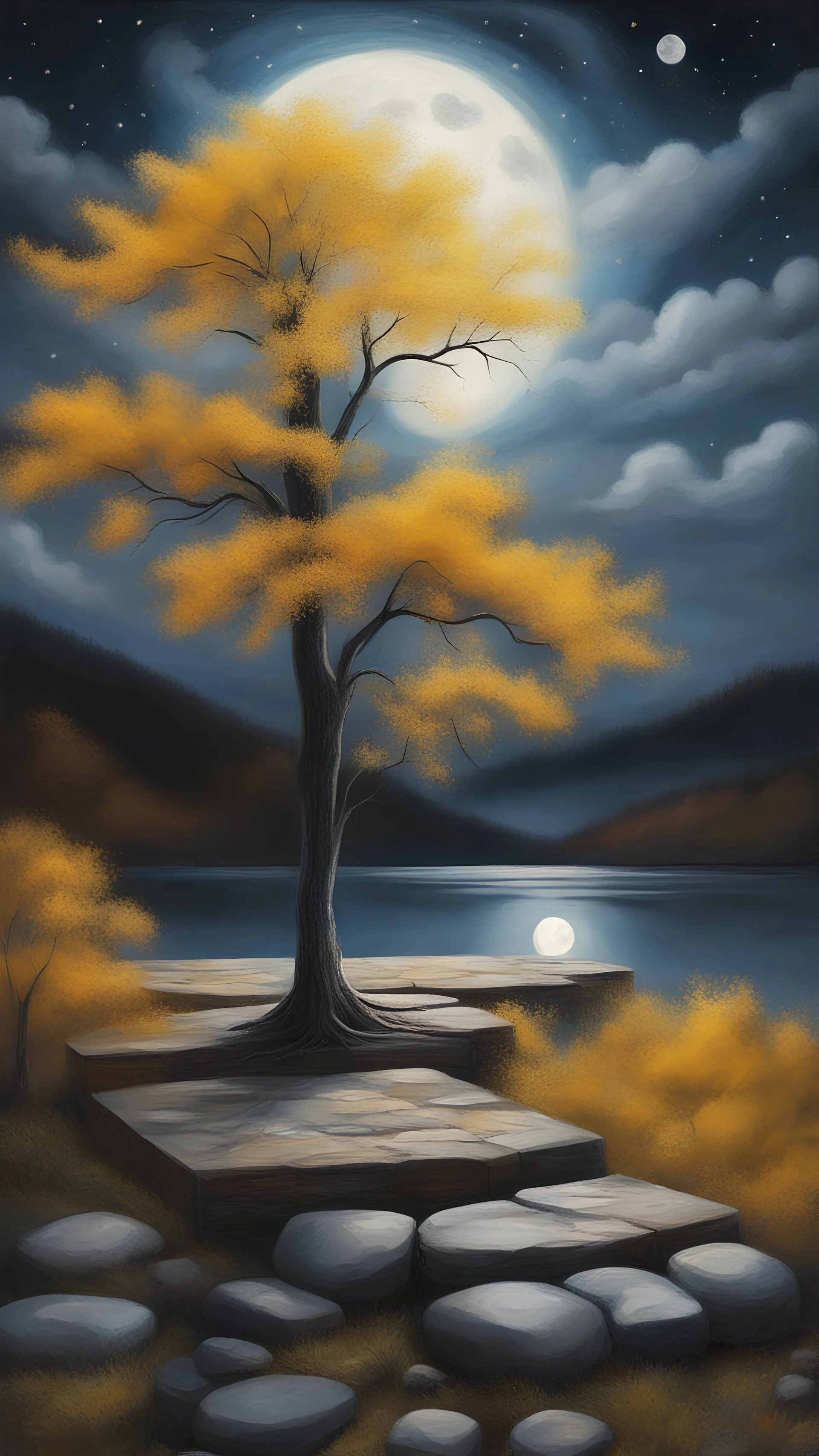 Alone on a platform overlooking the lake I look at the yellow tree that pushes through the stones The moonlight brings peace to my soul And the clouds and stars tell me stories This world is an extraterrestrial painting In which I am a small and startled point