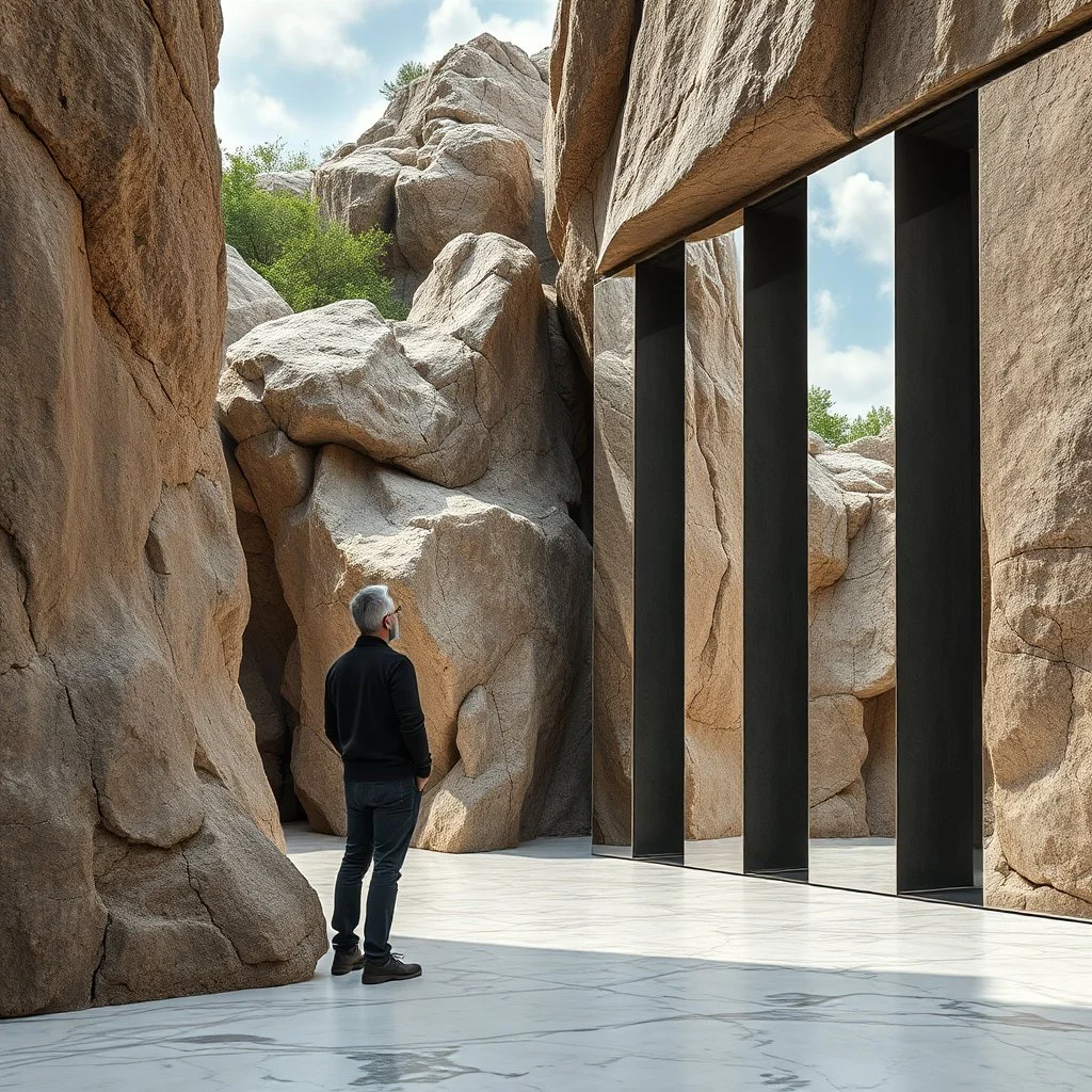 Un'immagine di un paesaggio naturale con rocce imponenti accanto a strutture artificiali verticali. Queste strutture sembrano blocchi rettangolari riflettenti, che creano un contrasto tra il naturale e l'artificiale. Persona osserva. Gesso. Pavimento di marmo. La scena trasmette un senso di sospensione e dialogo tra elementi organici. Dettagli degli specchi e delle rocce molto accentuati. Strane strutture architettoniche