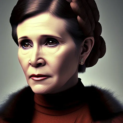 actress carrie fisher with short hair, fur coat, 17th century, dark setting, insanely detailed, 16k resolution, perfect eyes, round pupil, cinematic smooth, intricate detail, painted Renaissance style