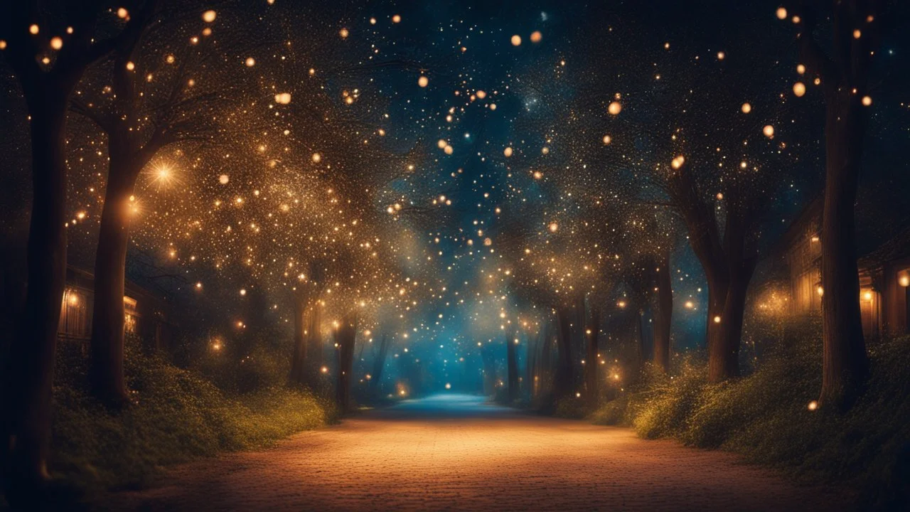 dream world, vast enormous warm street, fireflies, tiny multicoloured twinkling lights, calm beauty, fantasy world, magic, night, darkness, splendor, uplifting, inspiring, therapeutic, chiaroscuro, color, award-winning colour photograph, beautiful composition, Nikon 35mm