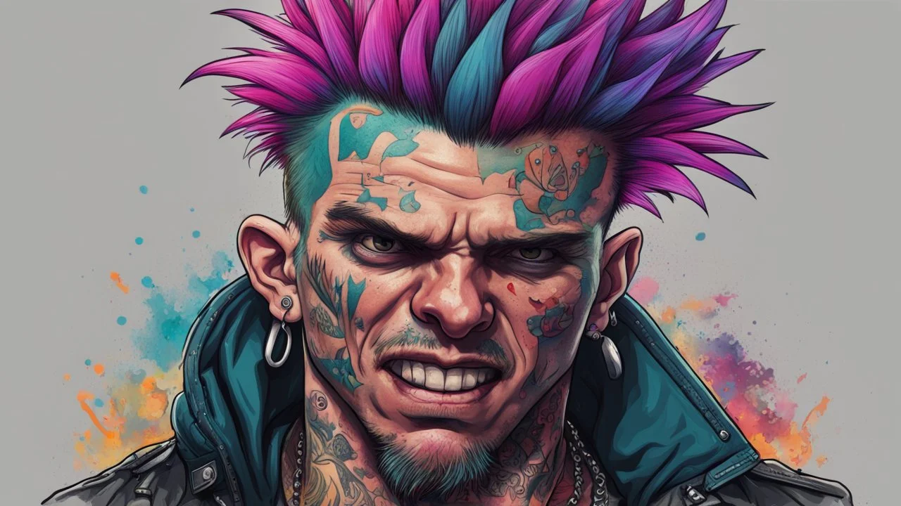 multicolored background, drawing, punk hooligan man, tattoo, high resolution, Artstation trends, fine details, 8K