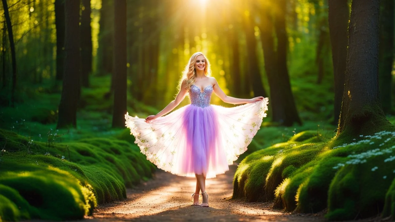 A gorgeous smiling blonde model in a fairy outfit with great glittering wings in a magic forest with 1000 y/o trees, a small torrent, loads of mini flowers, moss, sun rays through the branches, particles in the air at spring