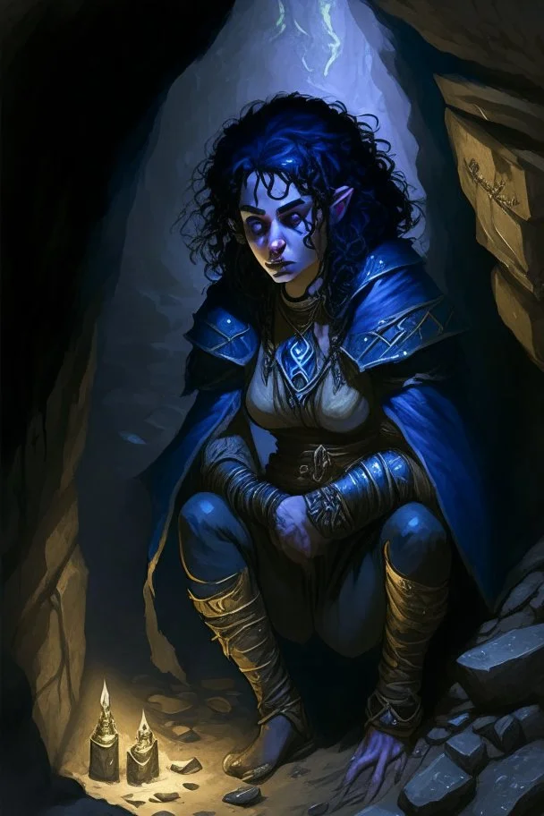 Dnd character on her knees in a dark cave. A female Moonelf twilight cleric with super curly, super short, dark blue hair and golden eyes, wearing gray and dark blue robes. With tattoos. Muscular, broad.