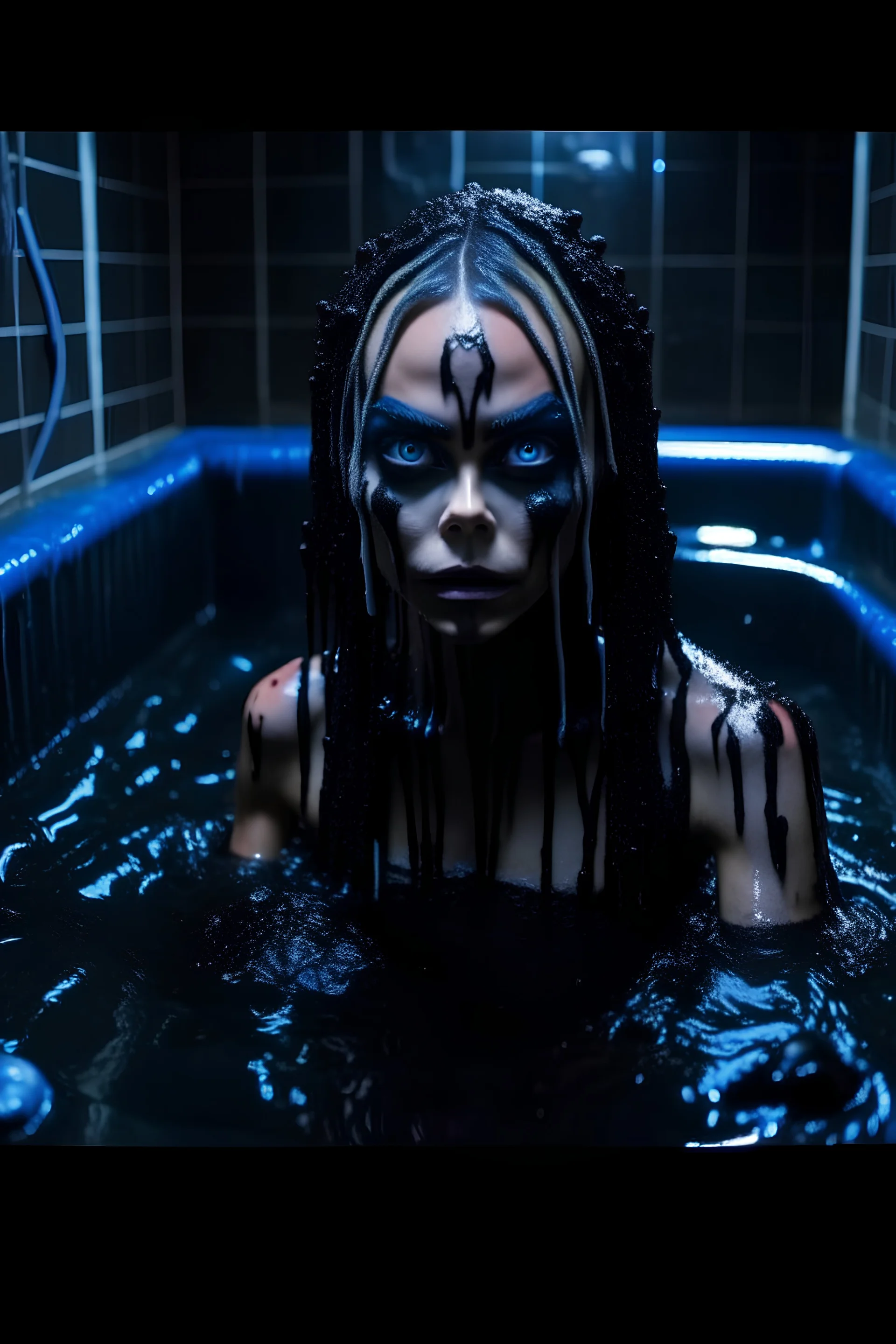 Cara delevingne dressed as fallen angel demon,bathing in black water,black horns,