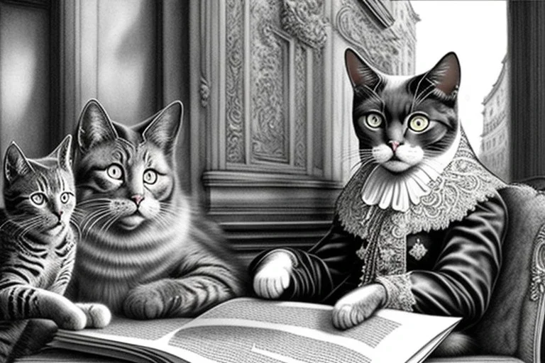 Mature cats are "Wolfgang Amadeus Mozart", playing music, street, Vienna, friendly, sunny day, model style, hyper realistic, extremely accurate, delicate, extremely detailed, Graphic novel style, wide-angle, open aperture, superfine pencil