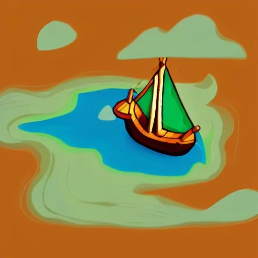 Small wooden ship, Legend Of Zelda: Wind Waker style, on a vast ocean, stylized, colorful, adventurous, no ships nor islands.