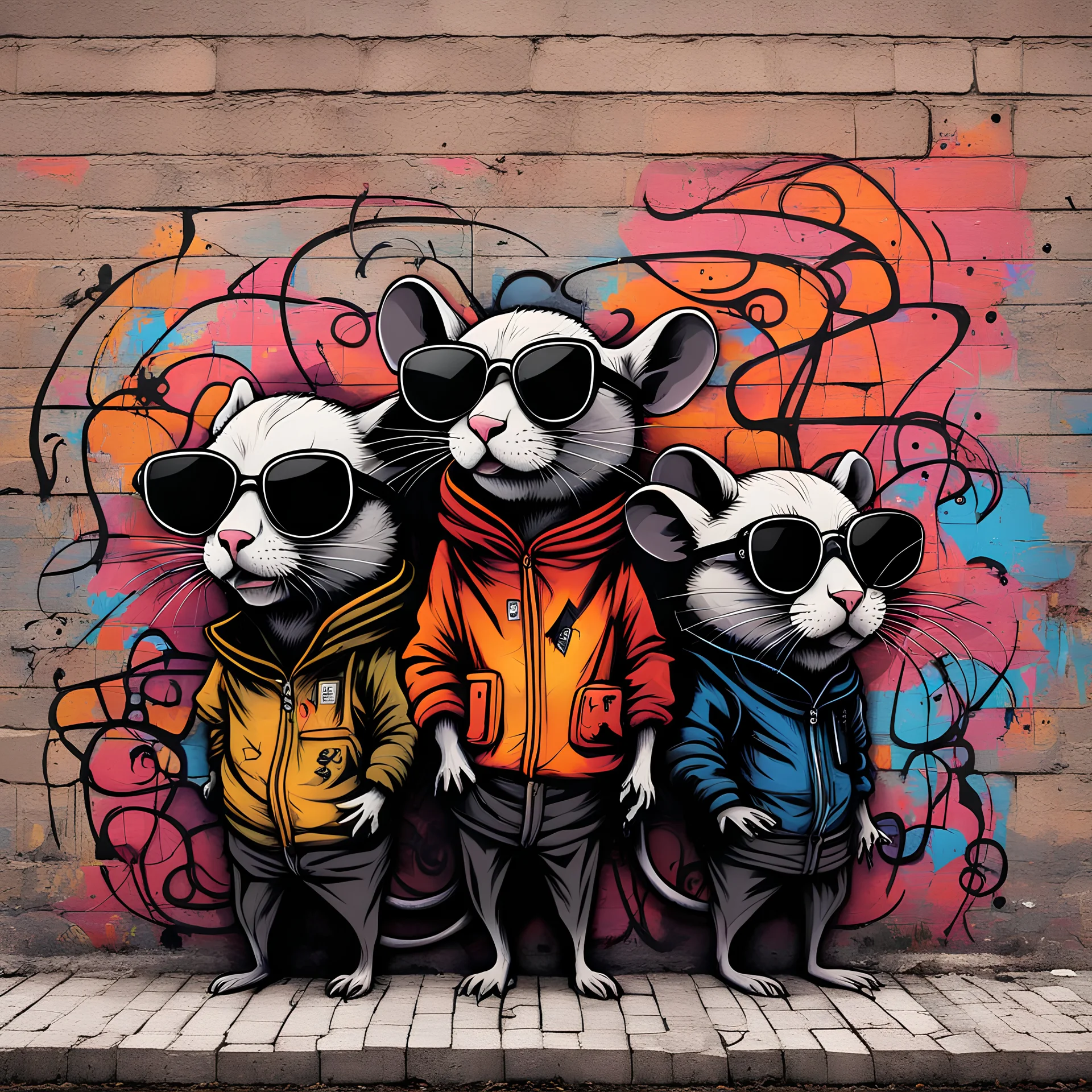 Three Blind Mice with black blind-person style glasses, sinister, modern graffiti street art on city wall, dramatic, eerie, warm colors, dynamic diagonal composition, by Seth Globepainter and Blek de rat and Petros Afshar, color spray paint, concept art, stunning, Eldritch