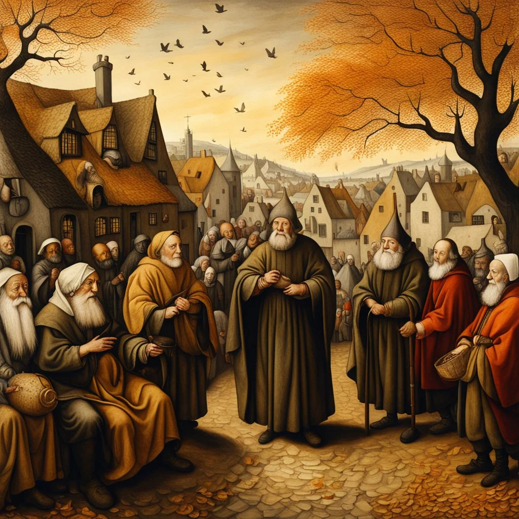 a Dutch Renaissance era illustration of a wizened village elder meeting during the autumn equinox, highly detailed facial features, painted in the style of Pieter Brueghel the Elder and Hieronymus Bosch, aged canvas, craquelure finish, archaic masterpiece, 4k