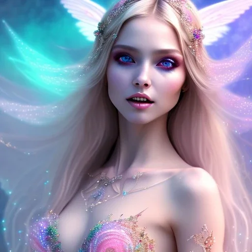 beautiful, soft, big smile face, whole head, long straight blonde hair blues eyes, crown on the head, clothing in transparent bluish and pink veil,fairy wings on the back, background brillante bluish and pink, hight definition, 8K