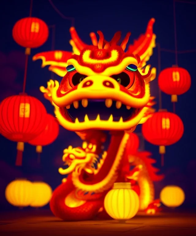 cute baby chinese dragon surrounded by lanterns, colorful detailed photo realistic 3d pixar render 4k, trending on artstation