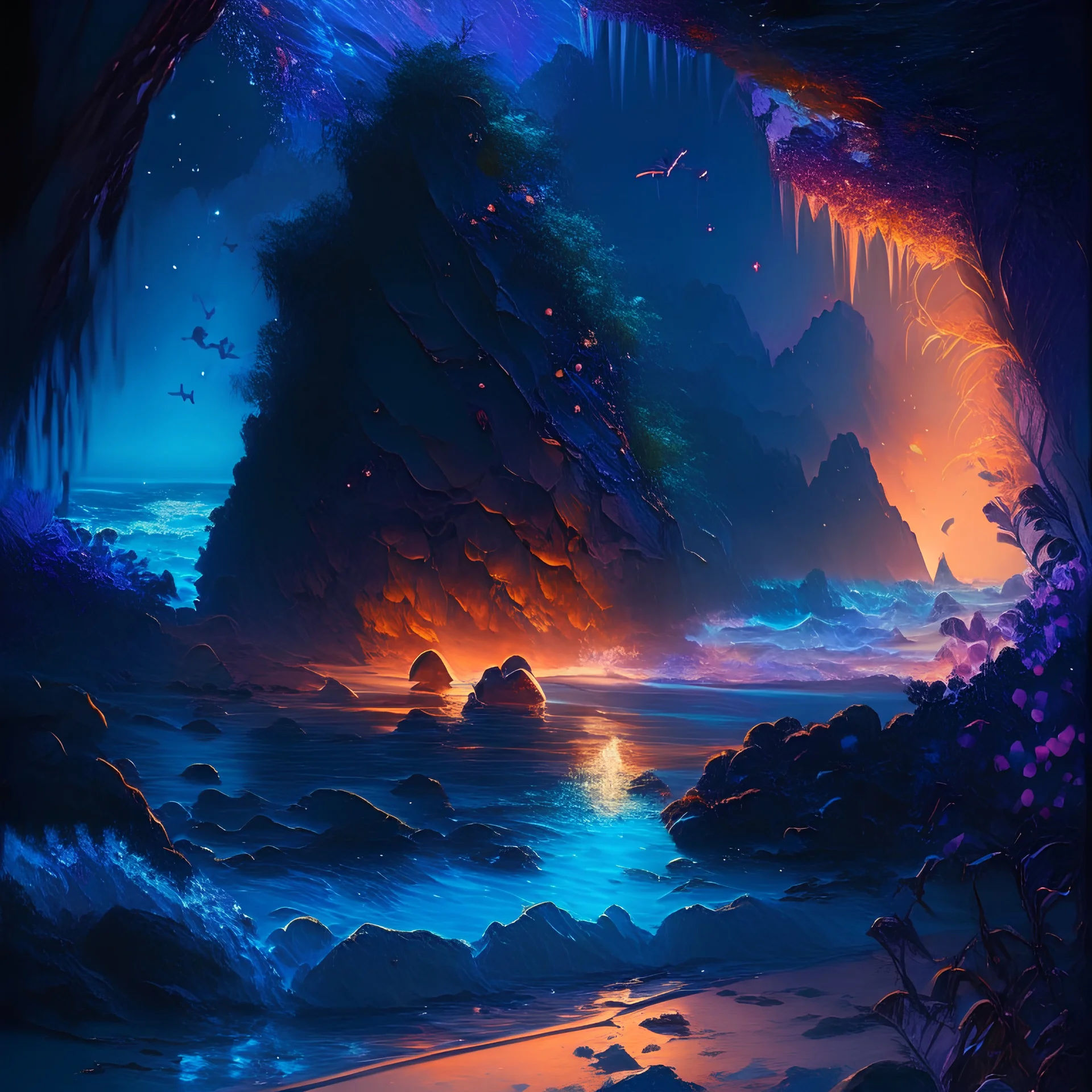 dark cerulean spectral glow, gloomy midnight fae realm, a beautiful tropical beach surrounded by rock arches, glowing with swirling iridescent water magic energy, surrounded by fireflies 🌅✨🦋 where dreams and reality blur, ethereal, by Jason Felix, Alena Aenami, and Leonid Afremov 8k resolution detailed fantasy art