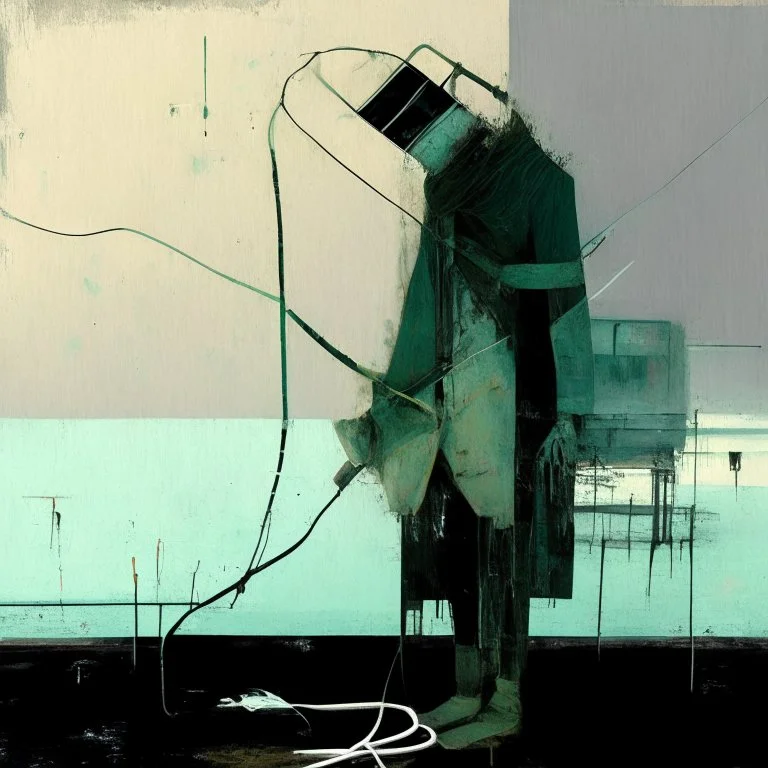 Dystopian future twisted body with retro monitor head and handing wires. Wearing a trench coat. In desolate landscape at night. With a concrete decaying block. Abstract oil painting in style of Justin Mortimer