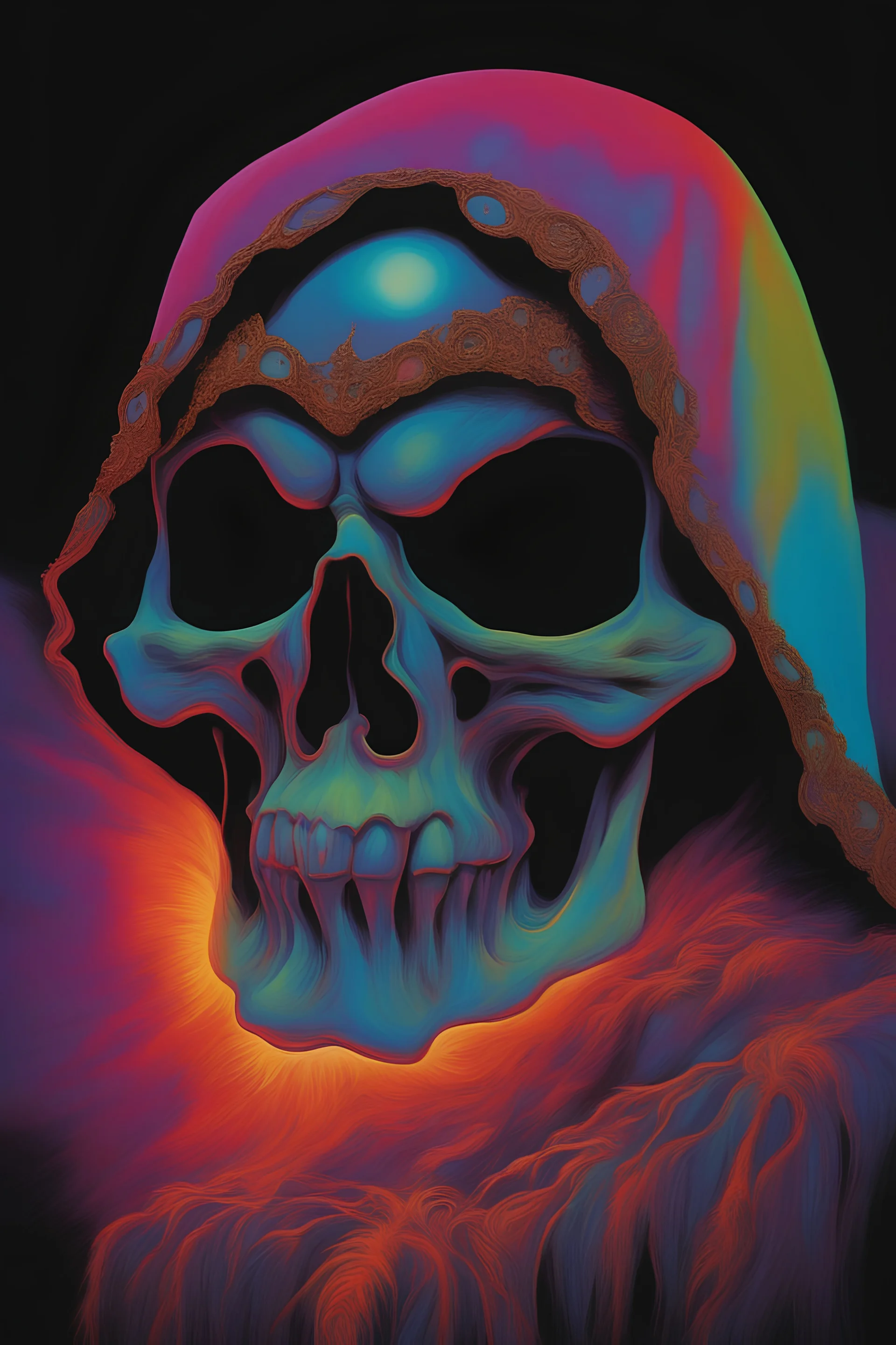 in the dead of night the bright moon shines down on a giant, extremely colorful Skeletor facial portrait, acrylic on canvas, florescent black light poster, in the art style of Boris Vallejo,