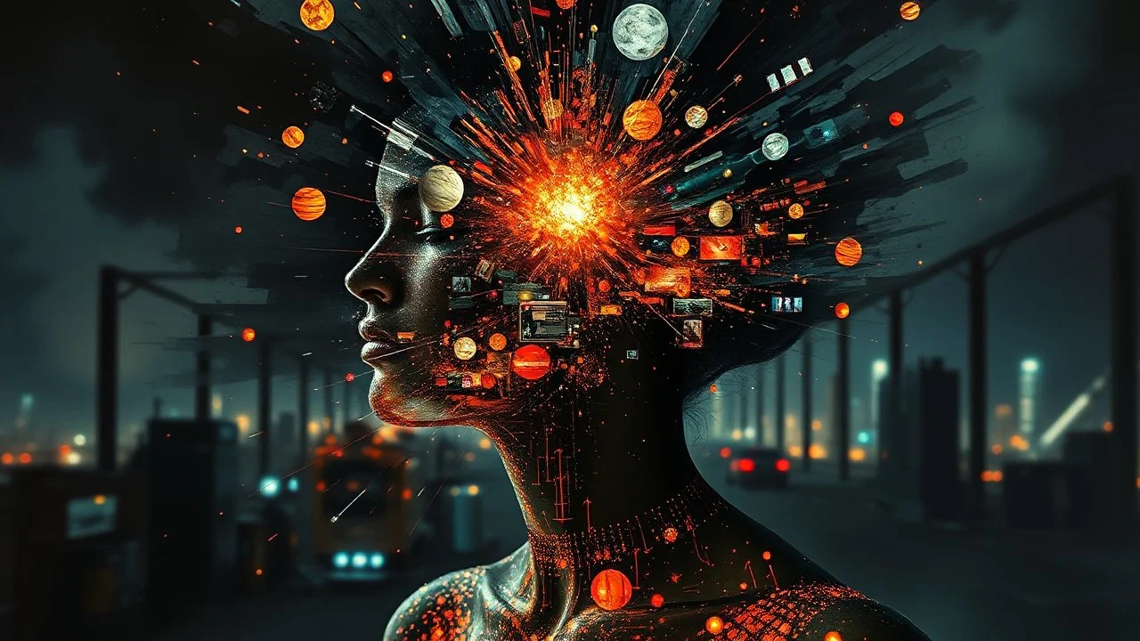 abstract art, collage, double exposure, in space they can't hear you scream, dave mckean, inspired by zdzislaw bekshinsky's nightmare paintings, wassily kandinsky, head explosion, disintegration, headache, hd photography, thought explosion, high detail, high resolution, 8k, double exposure, portrait, android woman, factory, glowing dress, dystopia, filigree, biopunk, santiago caruso, anna dittmann