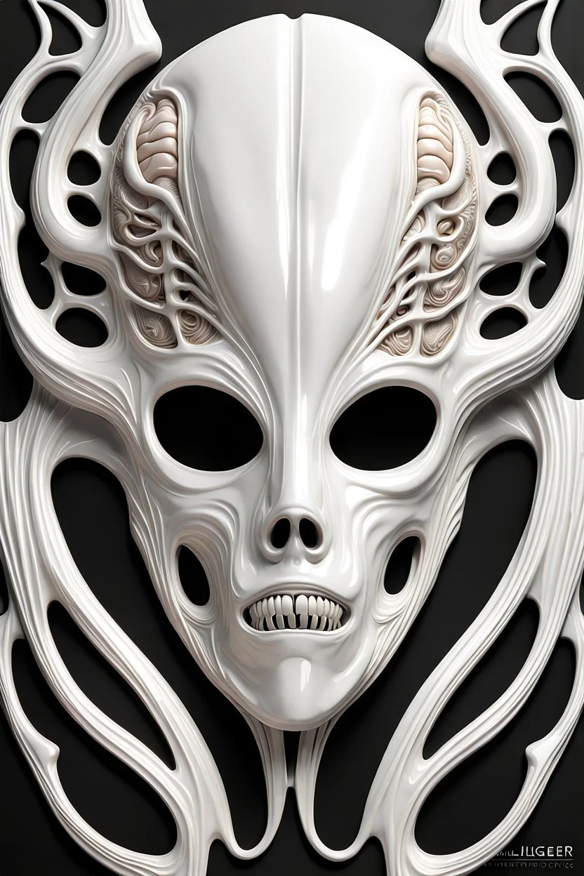 3d rendered organic white glossy plastic mask texture form inspired by HR giger, brain anatomy.HR giger style, single objects, abstract, scientific, black solid background, octane render, 8k post-production, artstation: award-winning: atmospheric: commanding: fantastical: clarity: 16k: ultra quality: striking: brilliance: stunning colors: amazing depth