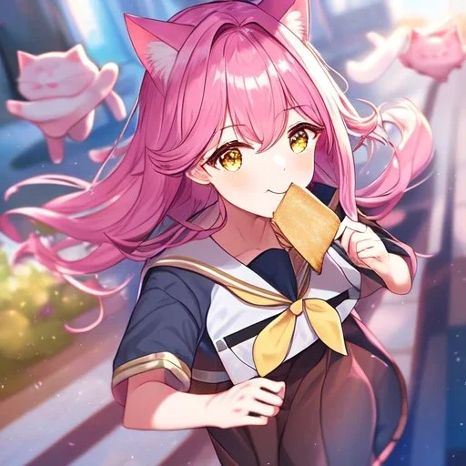 Clear focus,High resolution,High quality, Smiling, Pink long fluffy hair, Pink cat ears, Yellow eyes, Wearing a pink sailor uniform, running with toast in her mouth