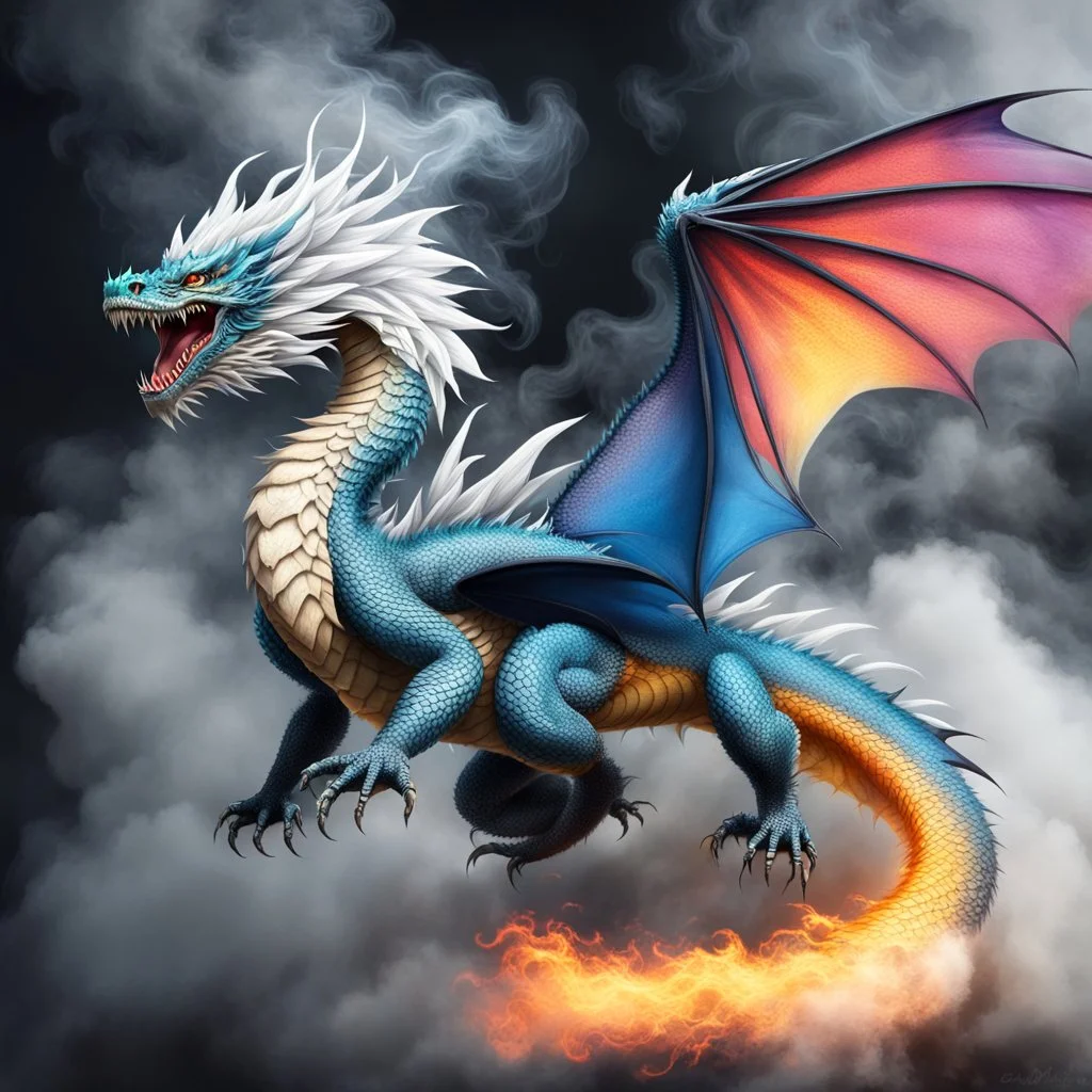 a sturdy colorful asian dragon with bat wings and curly white fur, smokey breath and fire, claws, spikes along back, a long tail, moving forward out of the smoke and mist, webbed wings, attacking