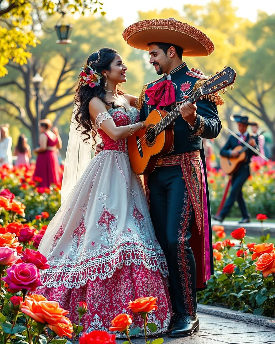 Mexican Beautiful Princess Romantic dancing mariachi with handsome prince in Park city ,Mariachi musician group, flower beds, fractal ornamentation, over detailed, gloriously full and confusing, nothing that really exists, everything made up, fantasy world, sweet briar, photography graphic art, song birds, ochre rose, rose buds, dewy morning, forest of oaks,