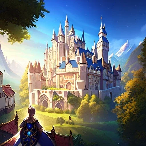 Clear focus, 8k, high quality, detailed, beautiful lighting, quiet European mountain village fantasy, Castle, Houses, Three,