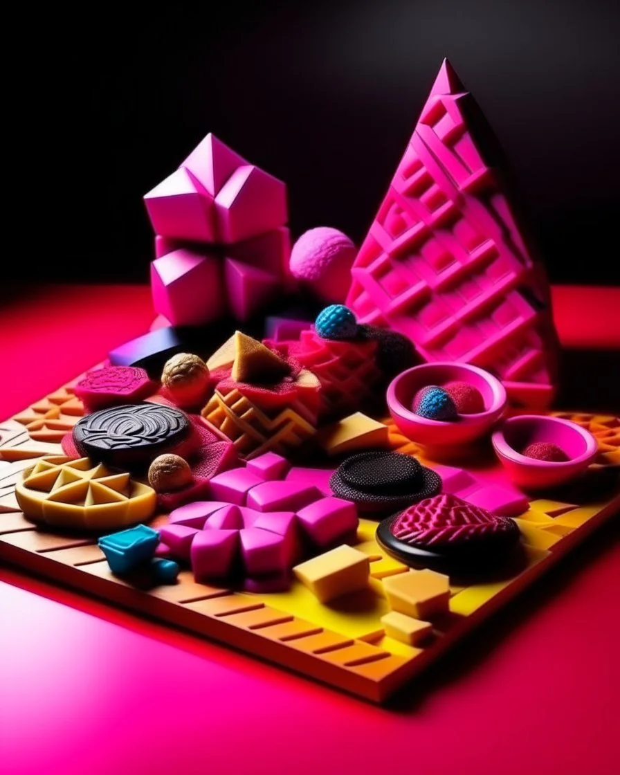 A magenta sweet utopia made out of cookies and cakes designed in Japanese origami painted by Victor Vasarely