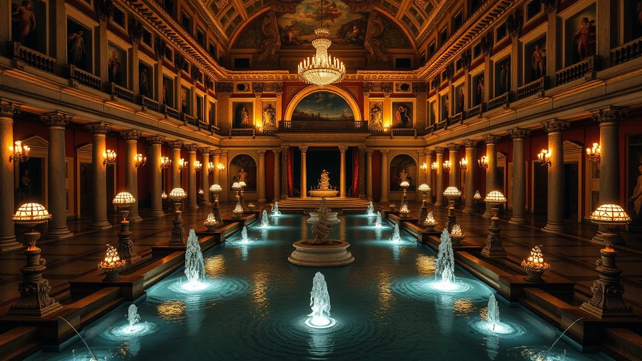 symmetrical night-time view inside a palace in ancient Rome showing rooms, halls, courtyards, sparkling fountains, night, many lamps, perfect symmetry, luxury, magnificent, marble statues, coloured pictorial tapestries, paintings, dream world, calm beauty, symmetry, fantasy world, magic, splendor, uplifting, inspiring, therapeutic, chiaroscuro, color, award-winning colour photograph, beautiful composition, exquisite detail, Nikon 135mm