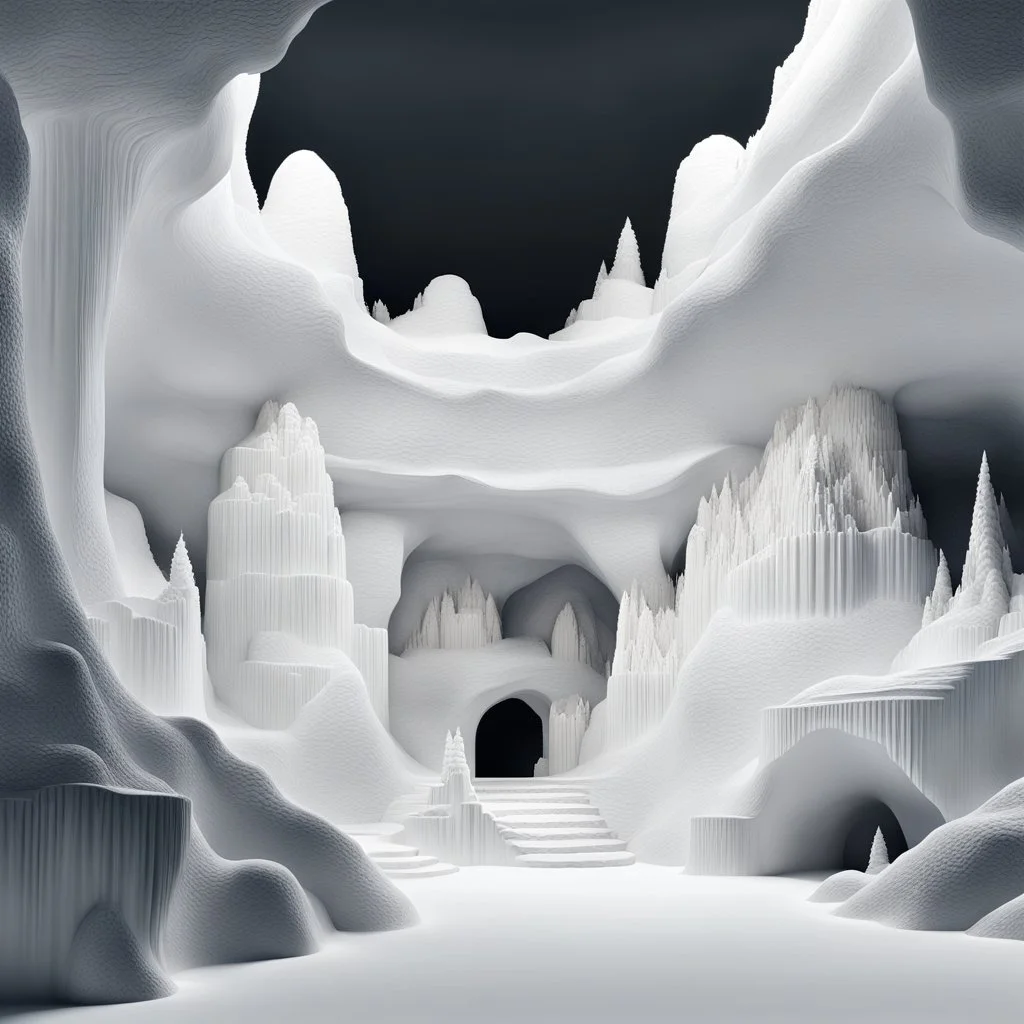 Imaginary Landscape of a caves in multiple layers underground all white