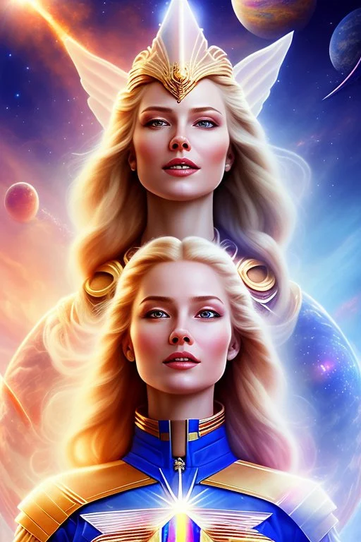 cosmic woman smile, admiral from the future, one fine whole face, crystalline skin, expressive blue eyes,rainbow, smiling lips, very nice smile, costume pleiadian, Beautiful tall woman pleiadian Galactic commander, ship, perfect datailed golden galactic suit, high rank, long blond hair, hand whit five perfect detailed finger, amazing big blue eyes, smilling mouth, high drfinition lips, cosmic happiness, bright colors, blue, pink, gold, jewels, realist, high commander