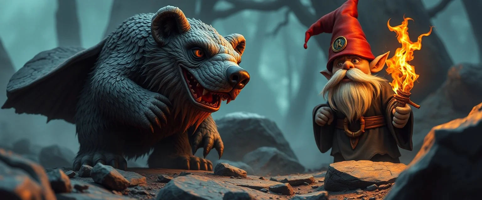 fire drop bear gnome goblin rock priest, fish eye lense