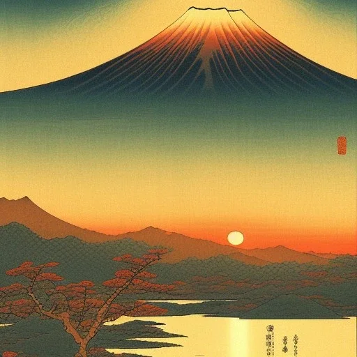 Ukiyo-e Style , mount fuji, sun set