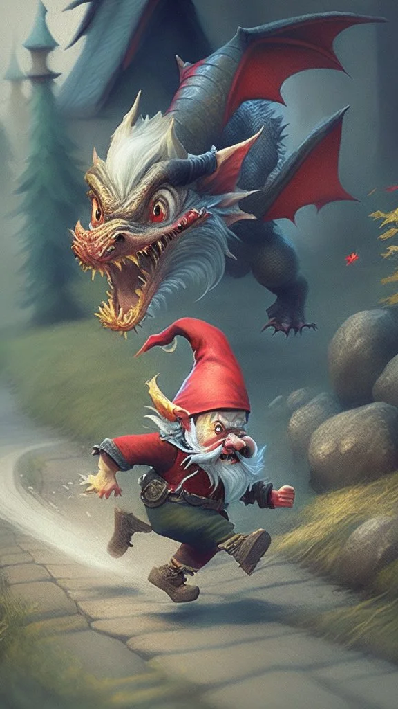 gnome running away from a dragon